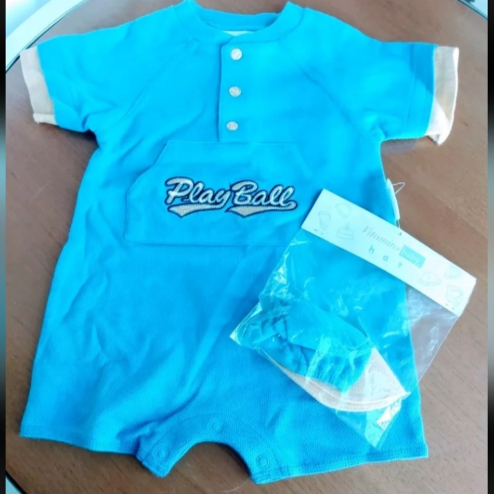 "Play Ball" Blue One Piece With Hat 6/9mo Vitamins Baby Newborn, New Tags k